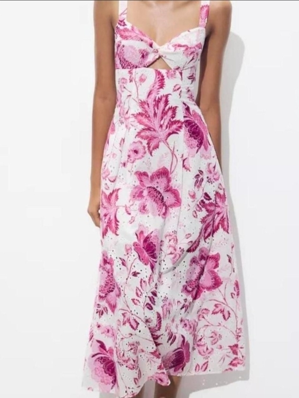 Zara White Midi Dress with Pink Floral Print and Twist Front